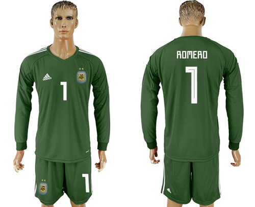 Argentina #1 Romero Army Green Long Sleeves Goalkeeper Soccer Country Jersey